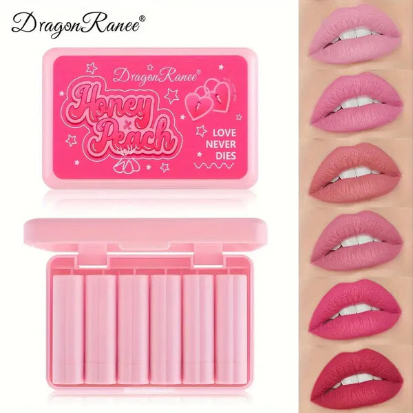 Dragon Ranee Honey Peach Love Never Dies Mini Matte Lipstick 6Pcs in Box