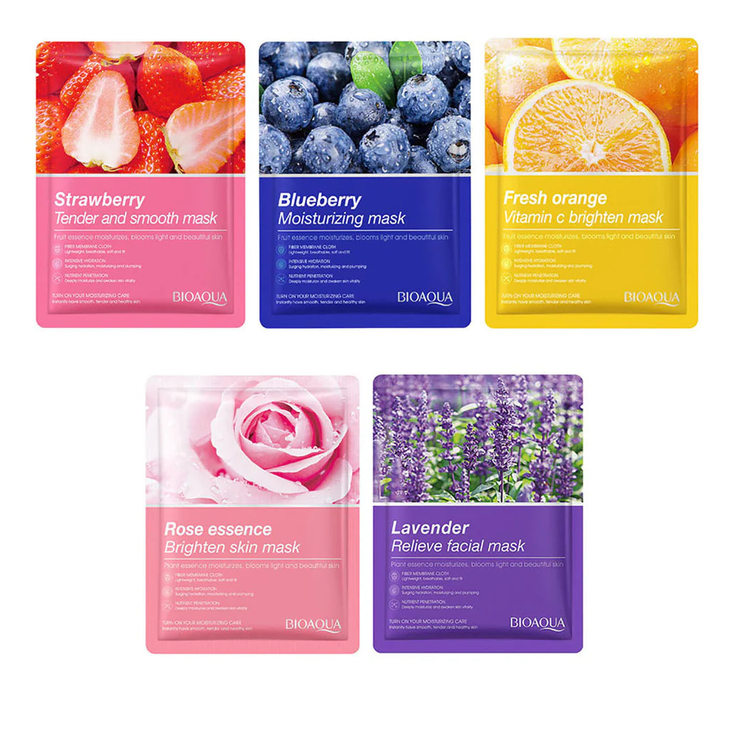 Bioaqua 5Pcs Moisturizing Face Sheet Mask Improving Dryness Blueberry , Strawberry , Orange , Rose , Lavender Sheet Mask