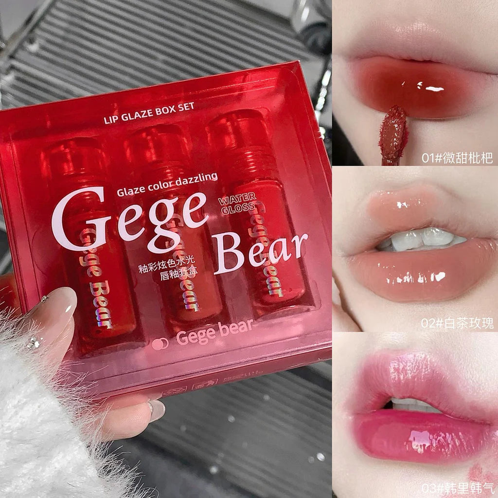 GEGE BEAR Pack Of 3 Water Gloss Lip Glaze Thin Moisturizing Set Box GX1115